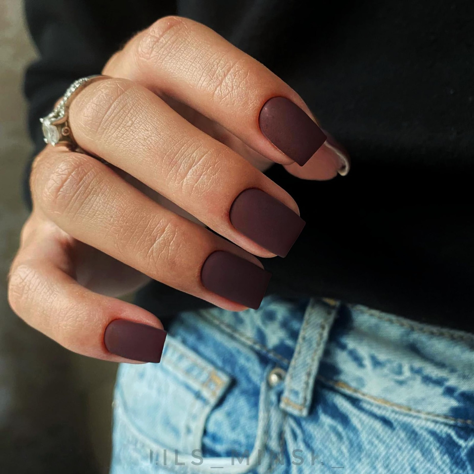 Matte Maroon Brown Press Nails Short Square Acrylic Natural Fake Coffin Pure
