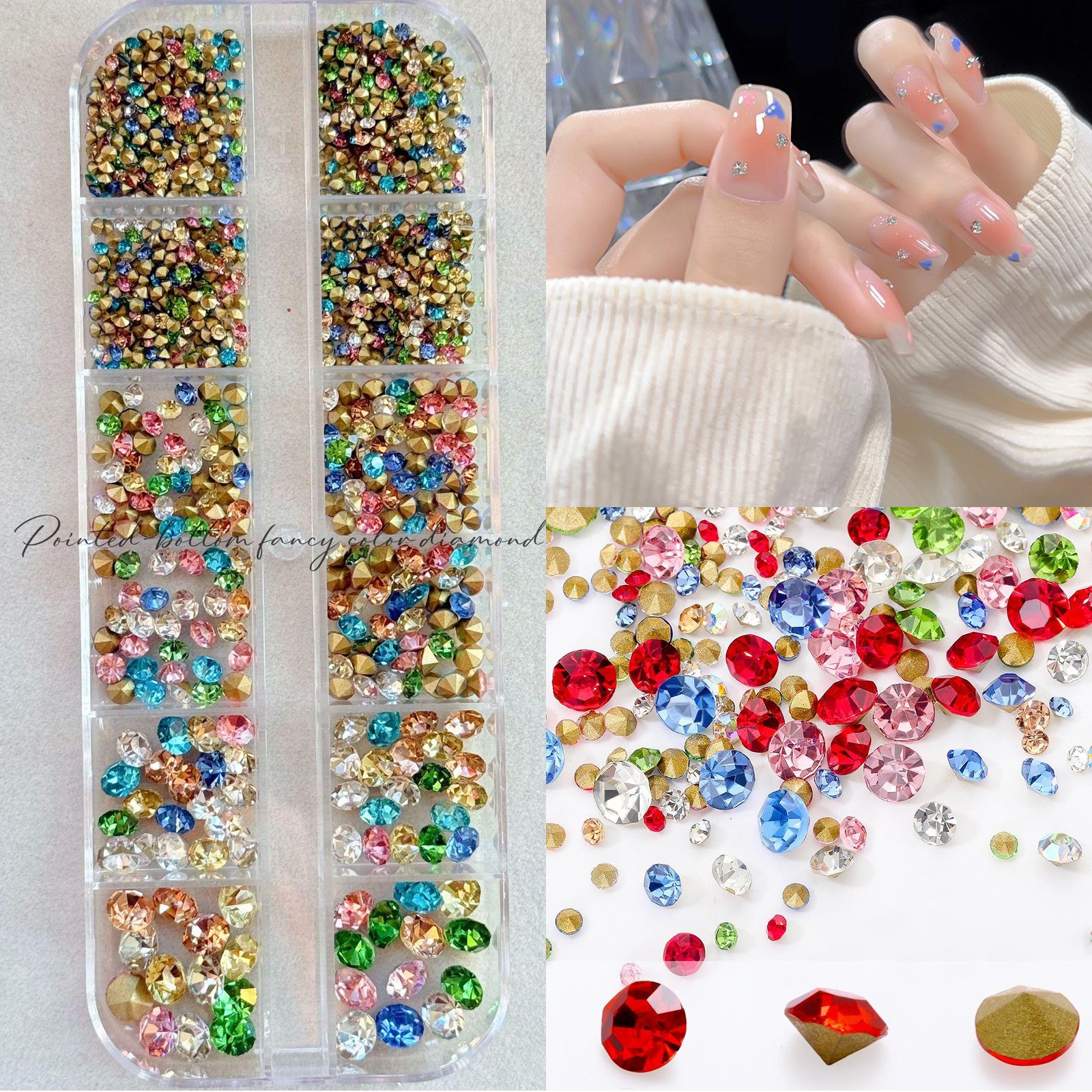 2-6MM Pointed-Back Nail Rhinestones, Candy Color Mini Crystals Stacking Nail Art