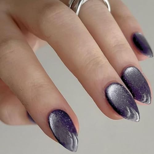 Dark Purple Magnet Cat Eyes Press on Nails Short Almond, Black Berkeley Dark