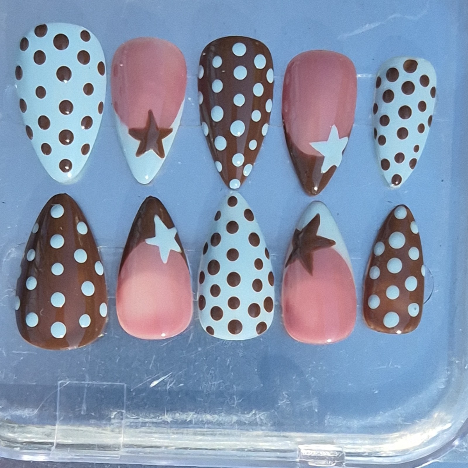 Blue Brown Pink White Star Polka Dot Almond Press-On Nails Medium Full Cover Set