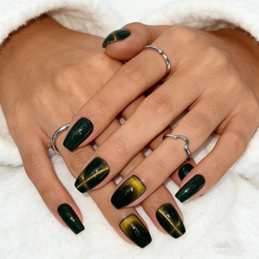 48pcs-Dark Green Fake Nails with Gold Gradient and Cross Design, Medium Length