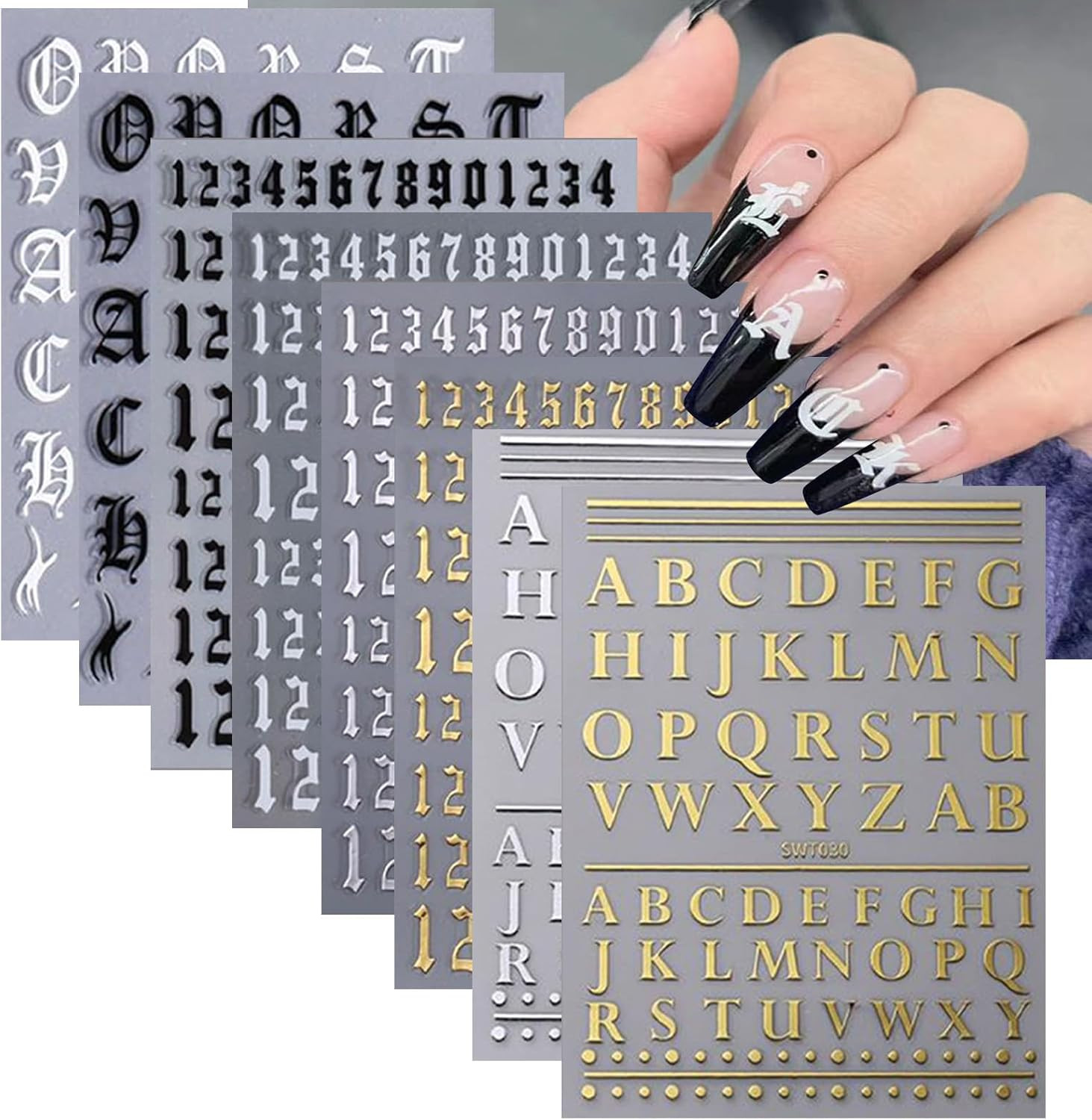 8 Sheets Letters Nail Stickers Decals Alphabet Numbers Nail Decals for Nail