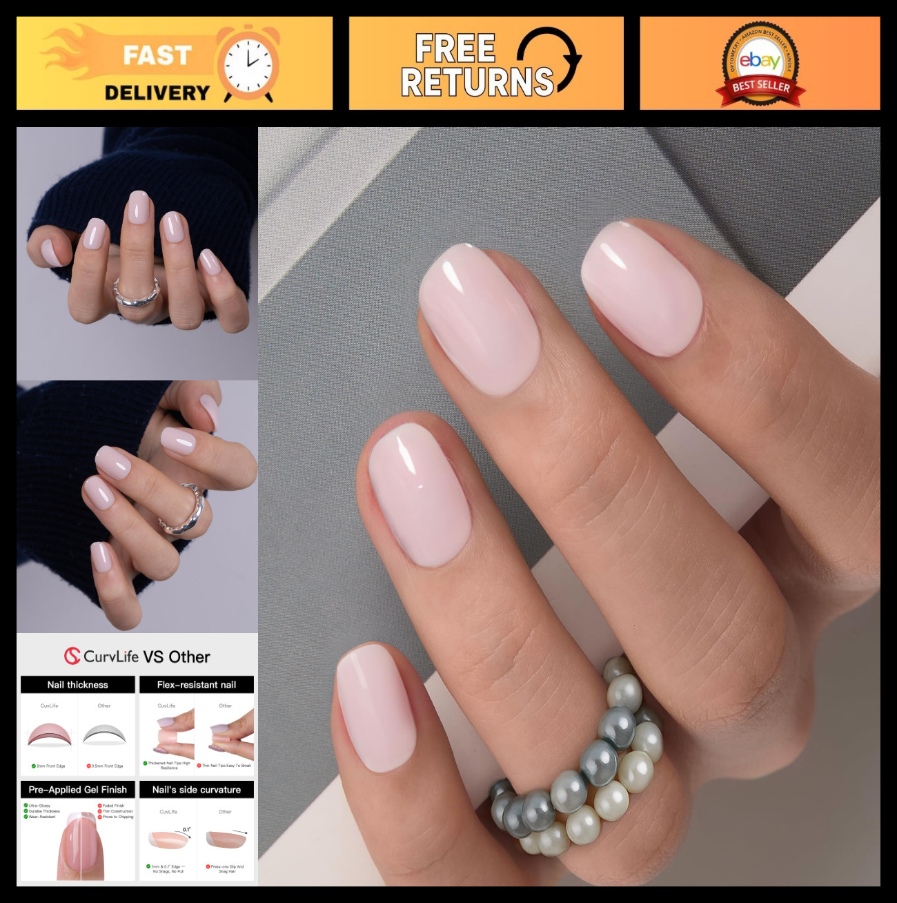 Milky White Short Square Acrylic Press-On Nails with Apricot Design – 30 Pcs Ful