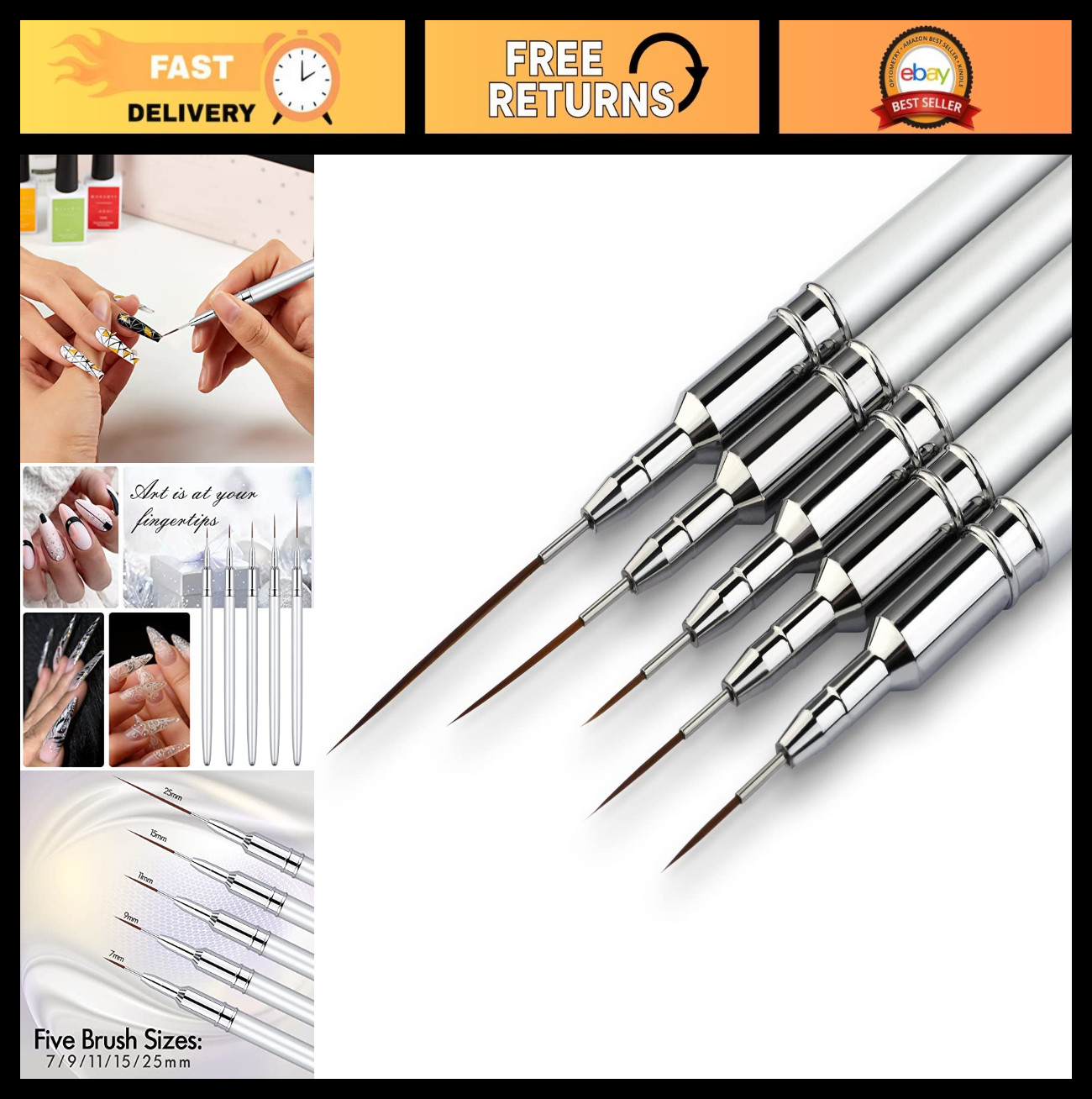 5PC Nail Art Brush Set – Long Liner, UV Gel Polish, Metal Handle, Sizes 7-25mm