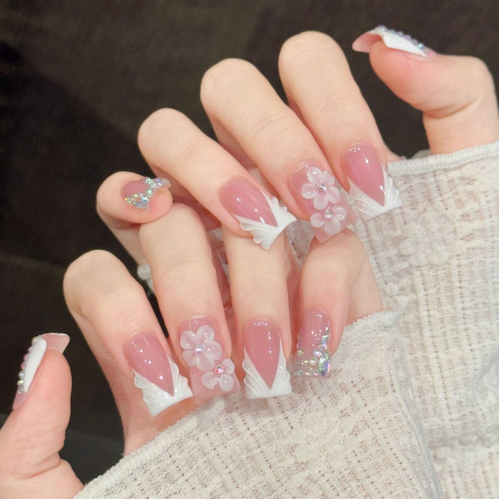 10pcs Pink Flower Press on Nails AB Rhinestone Duckbill Fake Nail Tips