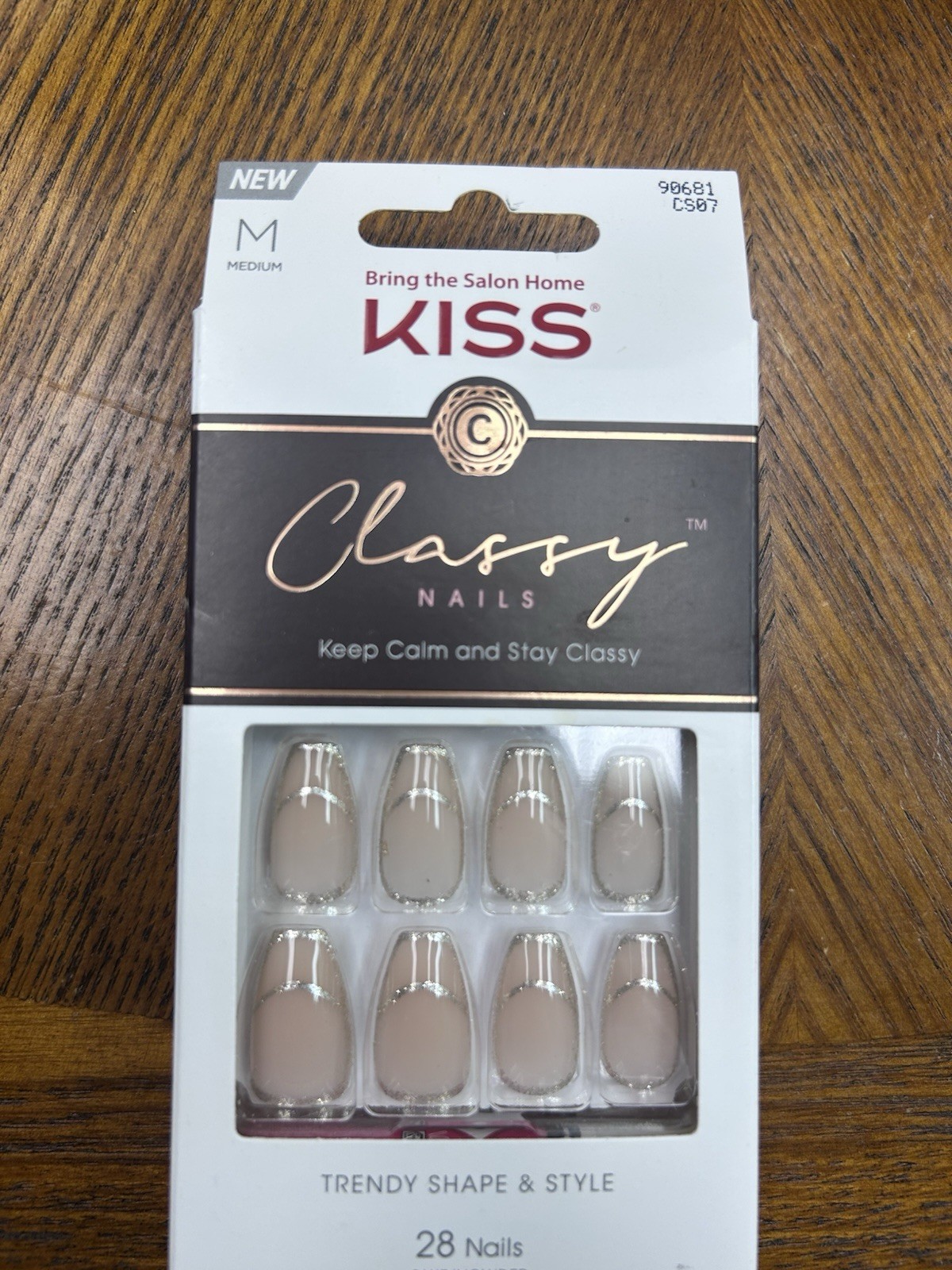 Kiss Classy Press-On Nails Medium Square Beige Silver French Glitter