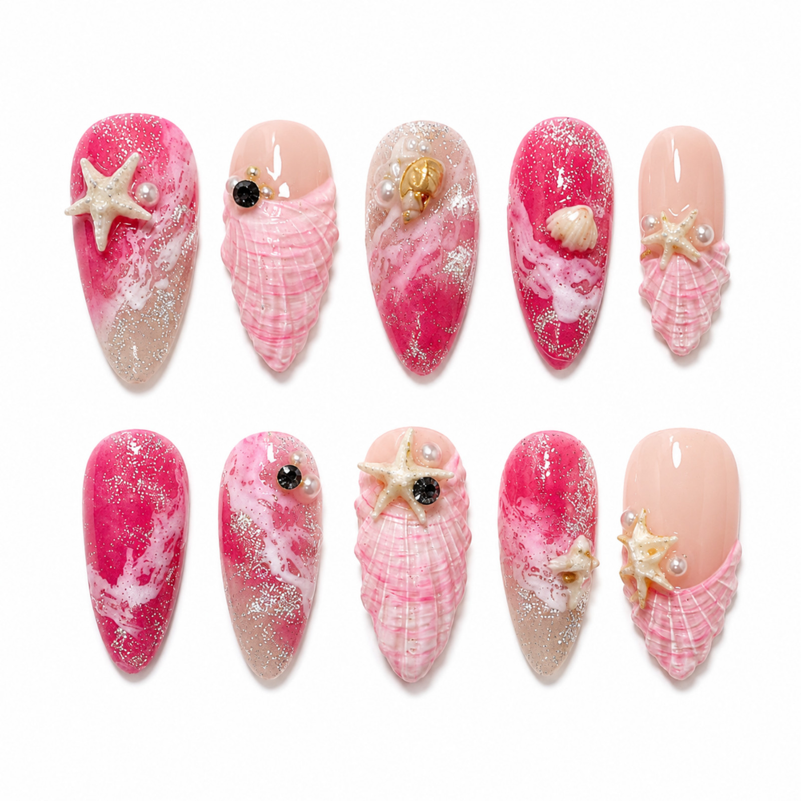 Handmade Pink Ocean Shell 3D Press On Nails Glitter Starfish Set