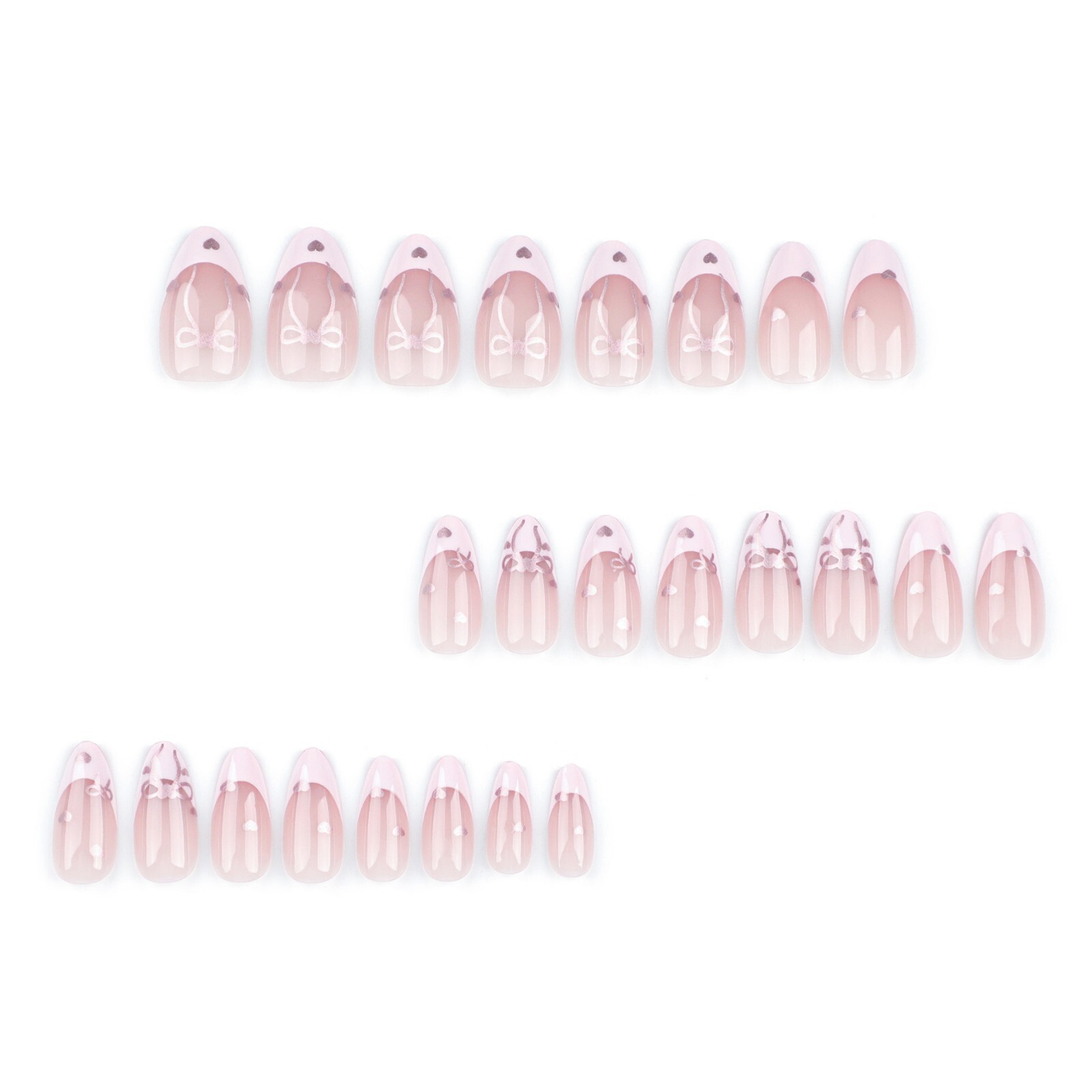 24pcs Sliver Bowknot Heart Dots French edge press on Nails, Short Almond Shape