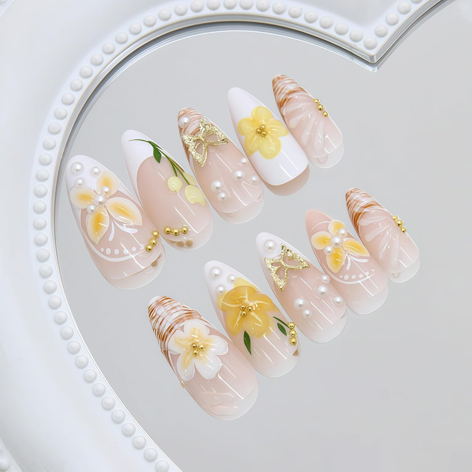 24Pcs Yellow Flower Press on Nails Medium Almond Fake Nails with 3D Gold Beads B