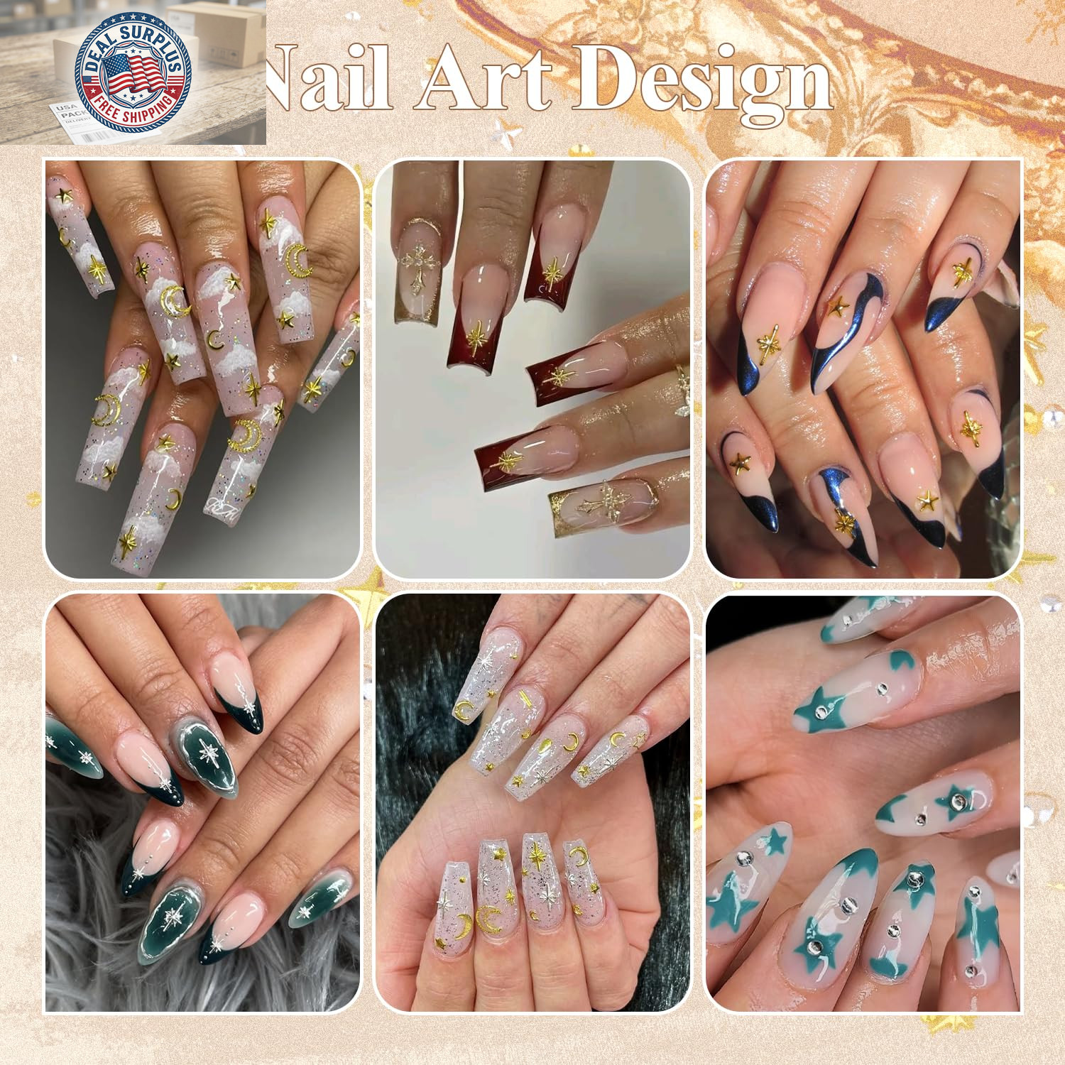 660Pcs 3D Star Nail Charms, Gold & Silver Multi-Shapes Metallic Nail Art Gems,Be