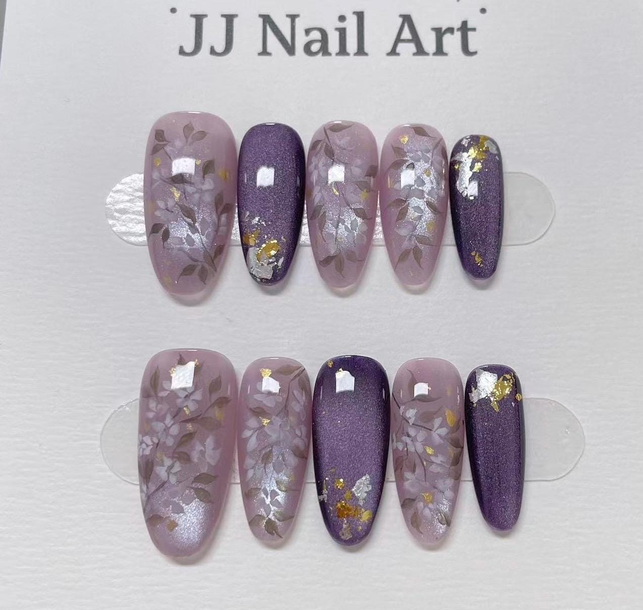Custom Pure Handmade Nails Lavender Flower Gold Foil Chinese Elegant Manicure