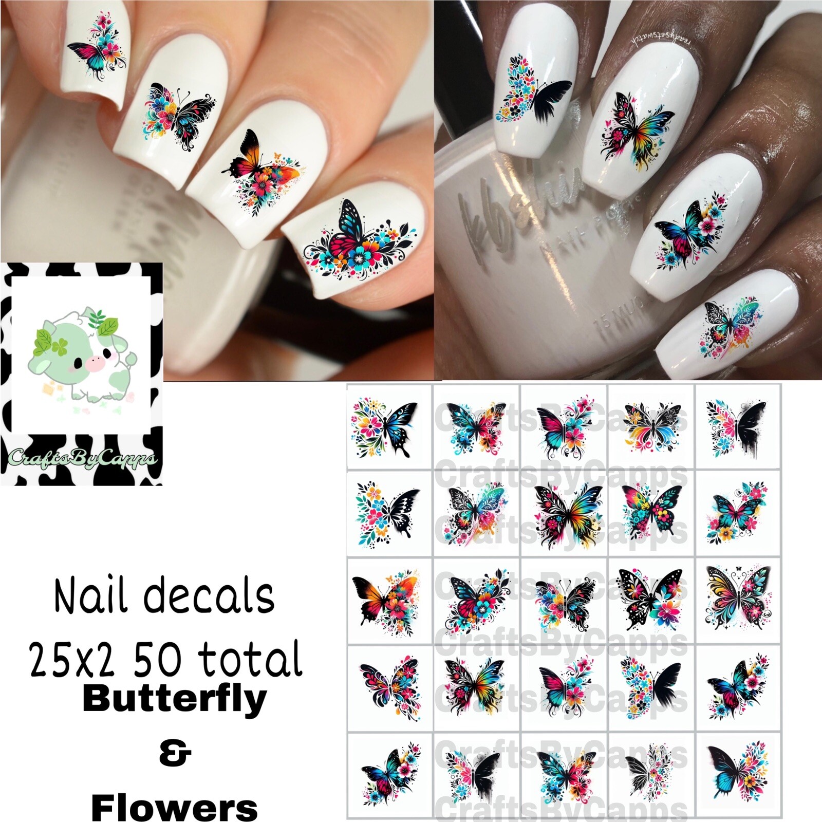 Butterflies & Flowers Waterslide Nail Art Decals Set Of 50, Instructions Bonus