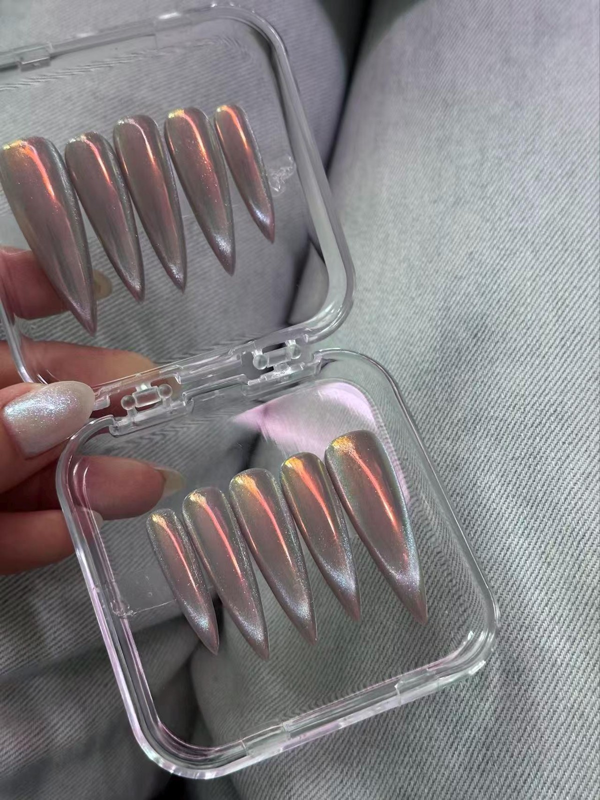 Custom Handmade Silver Holographic Chrome Long Stiletto Press on Nails