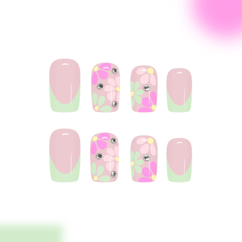 48pcs Short Square Press on Nails, Mint Green French Tip Pink Flower Nails
