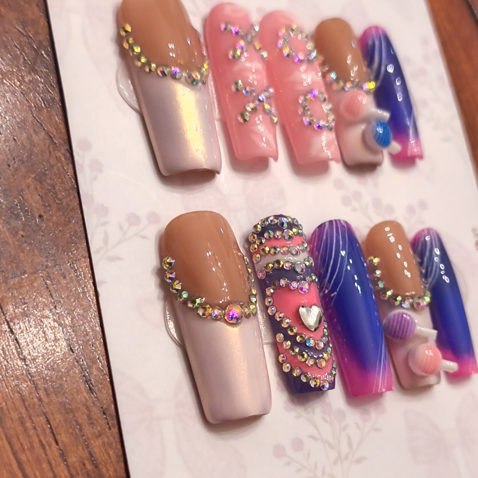 Press-On Nails Sm Long Coffin Pink Blue Nude White Glitter 3D Heart Full Cover