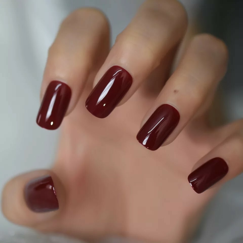 24 Square Cherry Glaze Press on nails kit Glue Dark red burgundy maroon