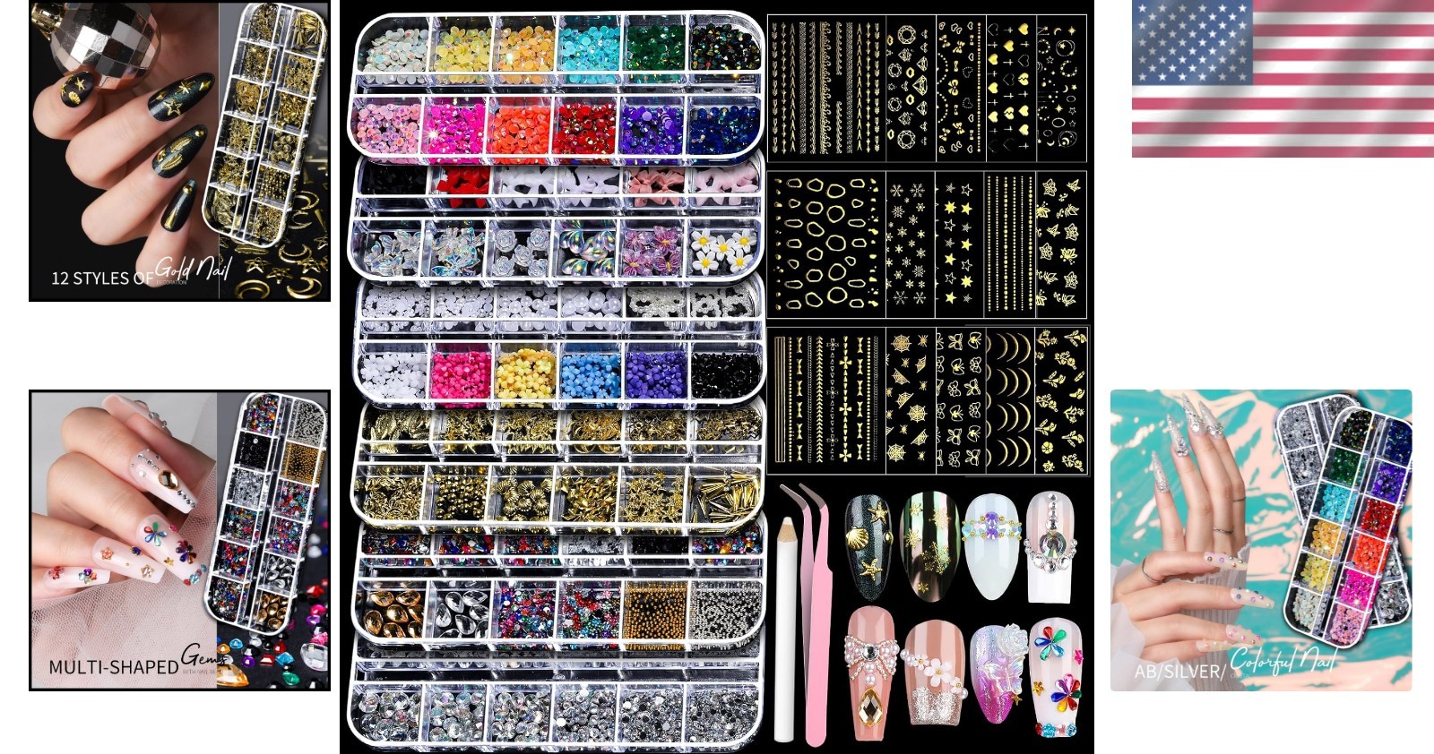 Crystal Nail Charms and Pearls with Gold Stickers for Creative Nail Designs
