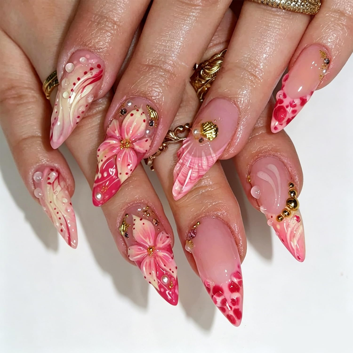 Summer Press on Nails Medium Coffin Fake Nails Summer Ocean False Nail with Star
