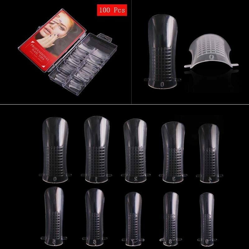 100Pcs Transparent Plastic Dual Nail Forms UV Gel Full Cover Mold Size Scale