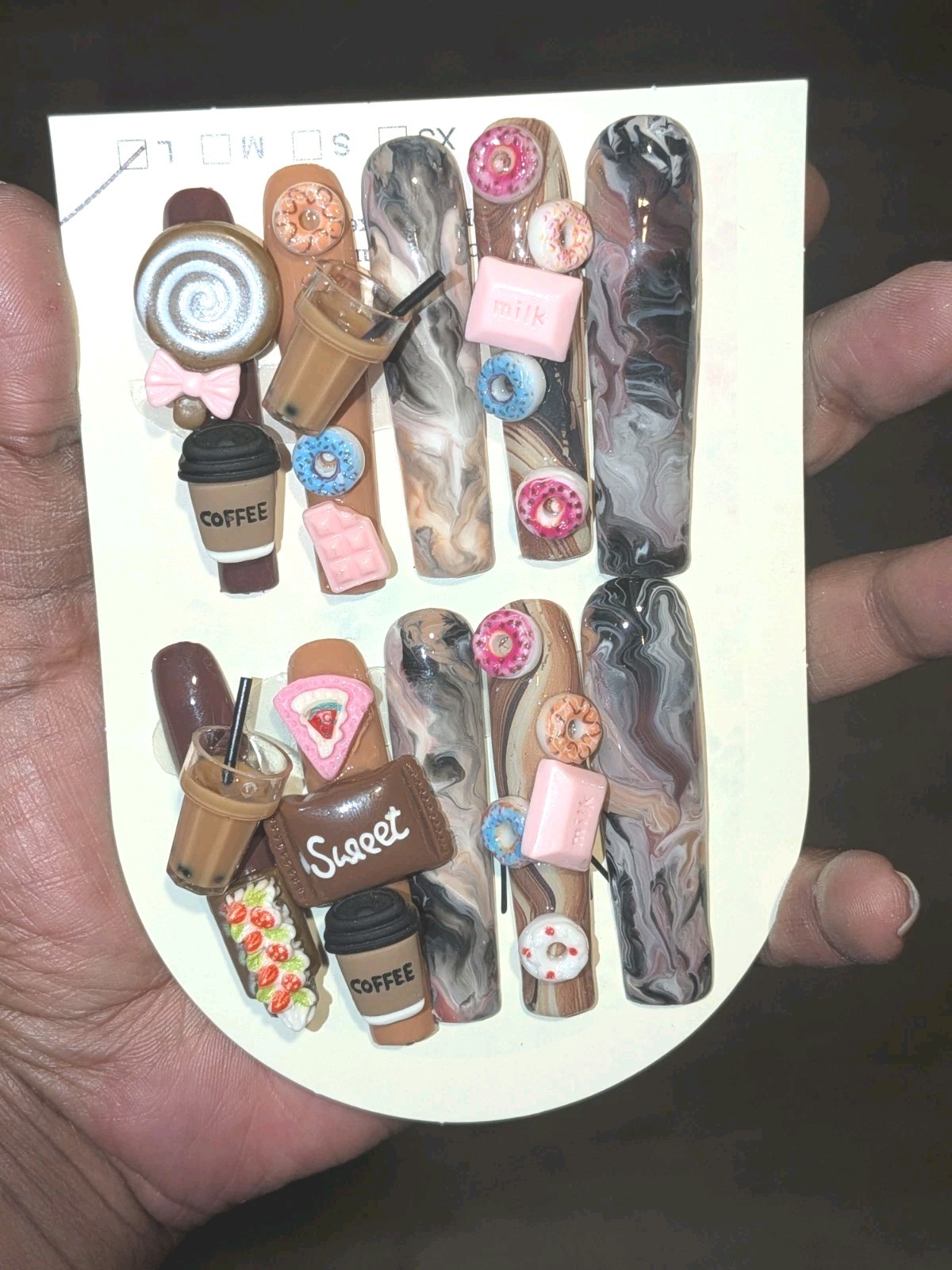 Hand Crafted 3Xl Java Marble Brown & Pink 3D Dessert Press-On Nails Sz Large