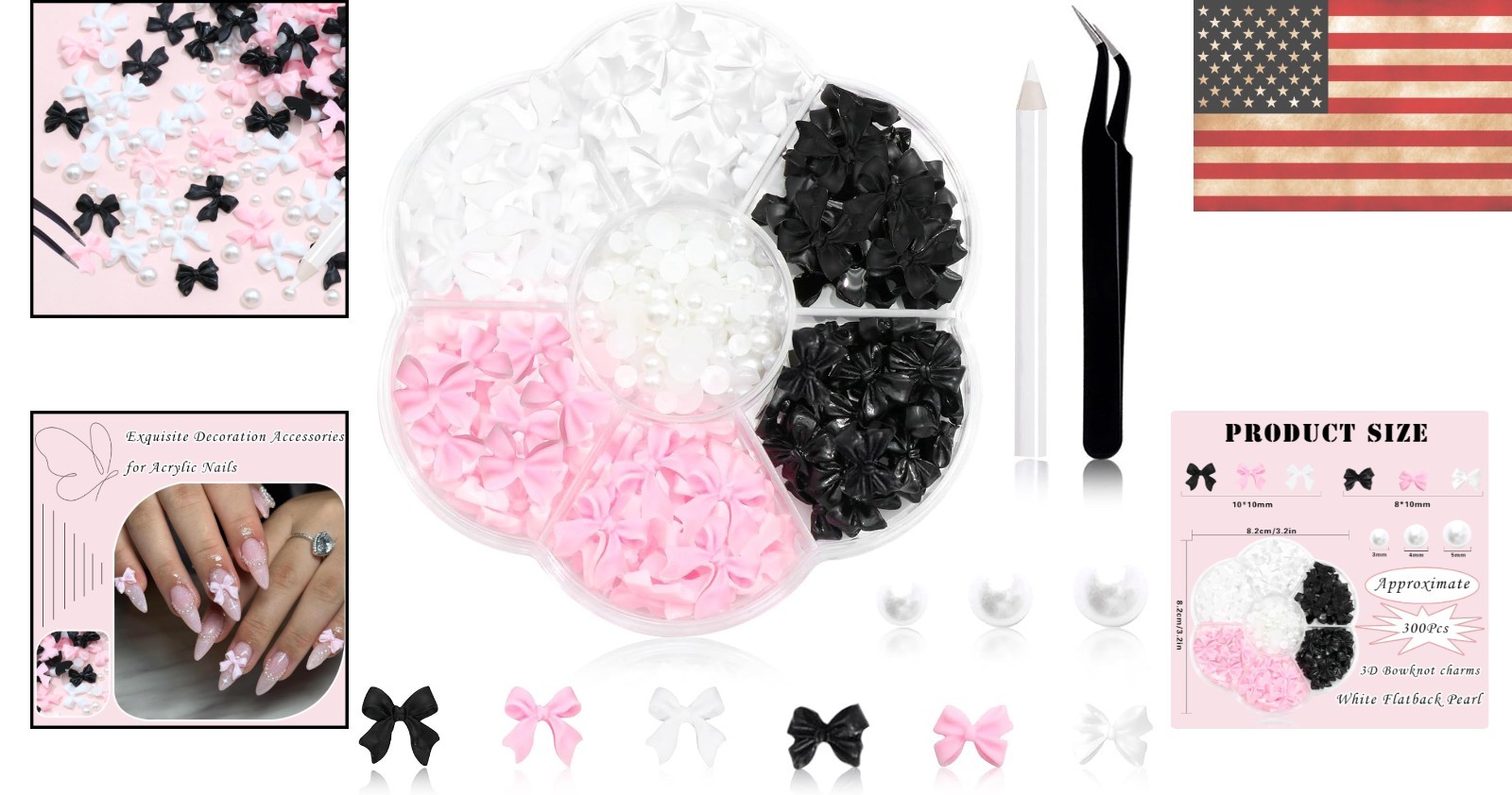 Versatile 300 Pcs Bow Nail Charms Set with Flatback Pearls – Perfect for Crafts