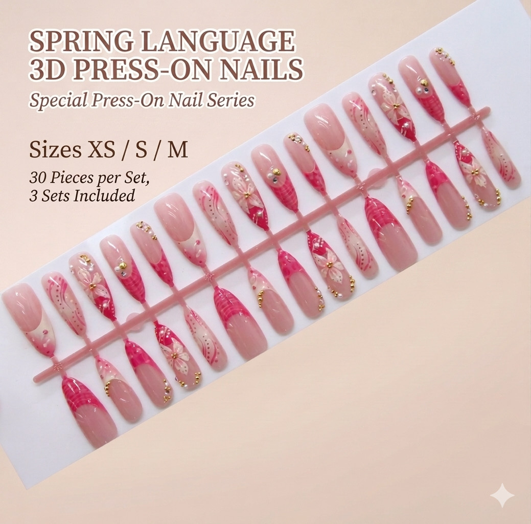 3D Flower Press on Nails Long Coffin Fake Nails Set Multi-Size XS/S/M 30Pcs