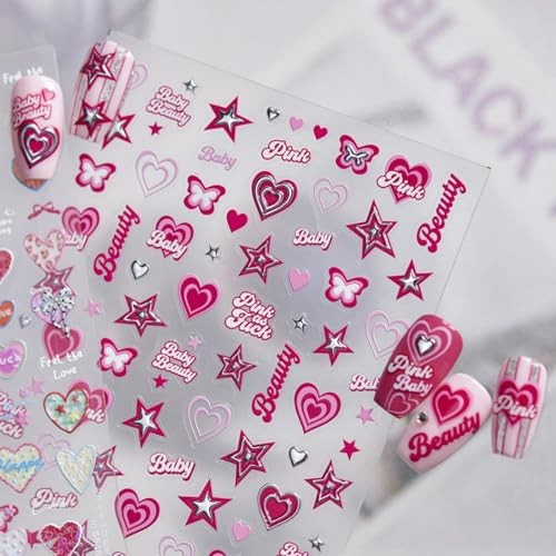 5D Embossed Pink Star Nail Stickers – Y2K Design Self-Adhesive Heart 1 Mh31