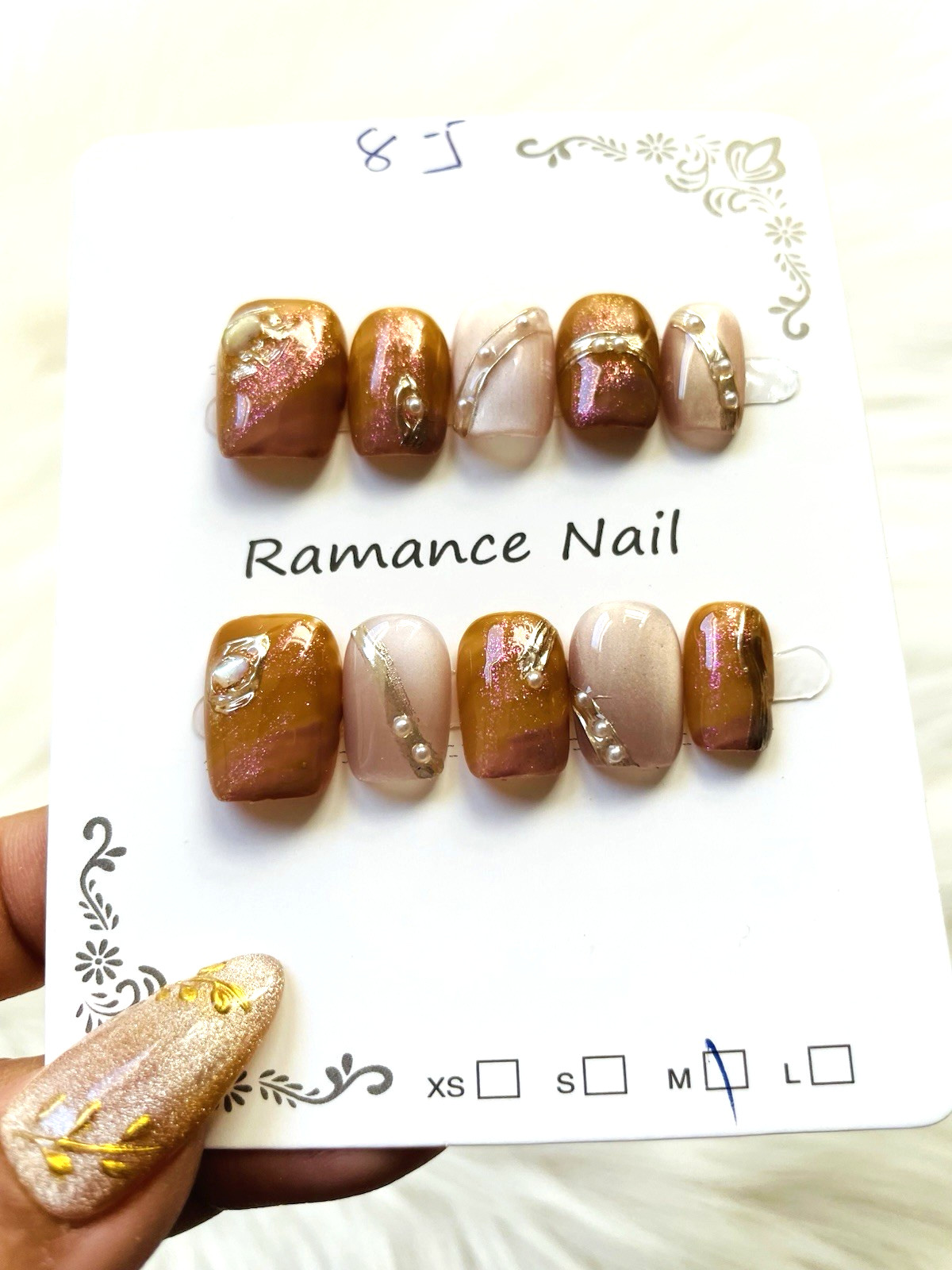 Bronze Pink Pearl Gold Premium Press On Nails Size MEDIUM, Short Length Square