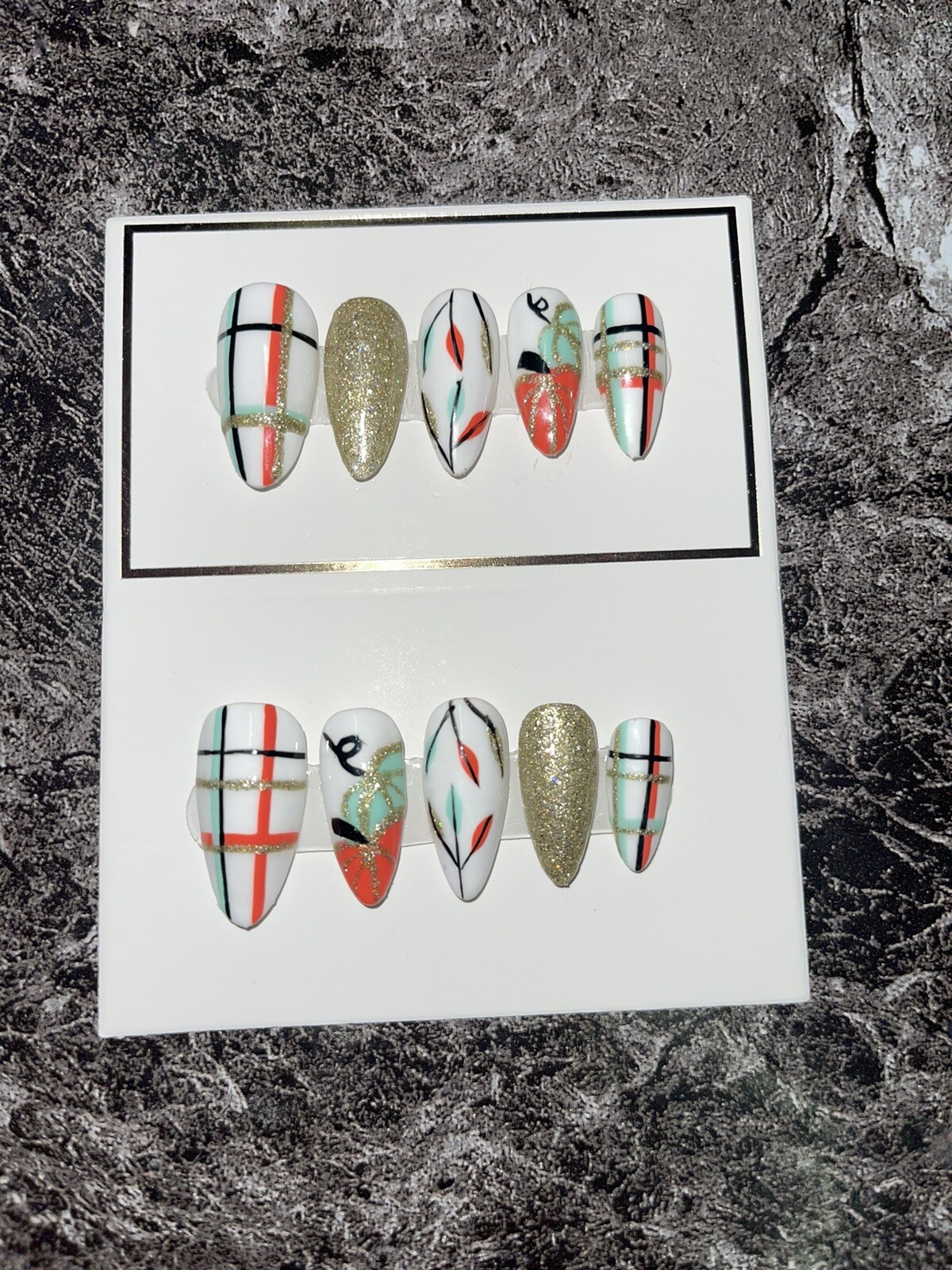 Orange & Teal Pumpkin Plaid Handpainted Press on Nails. includes Prep Kit