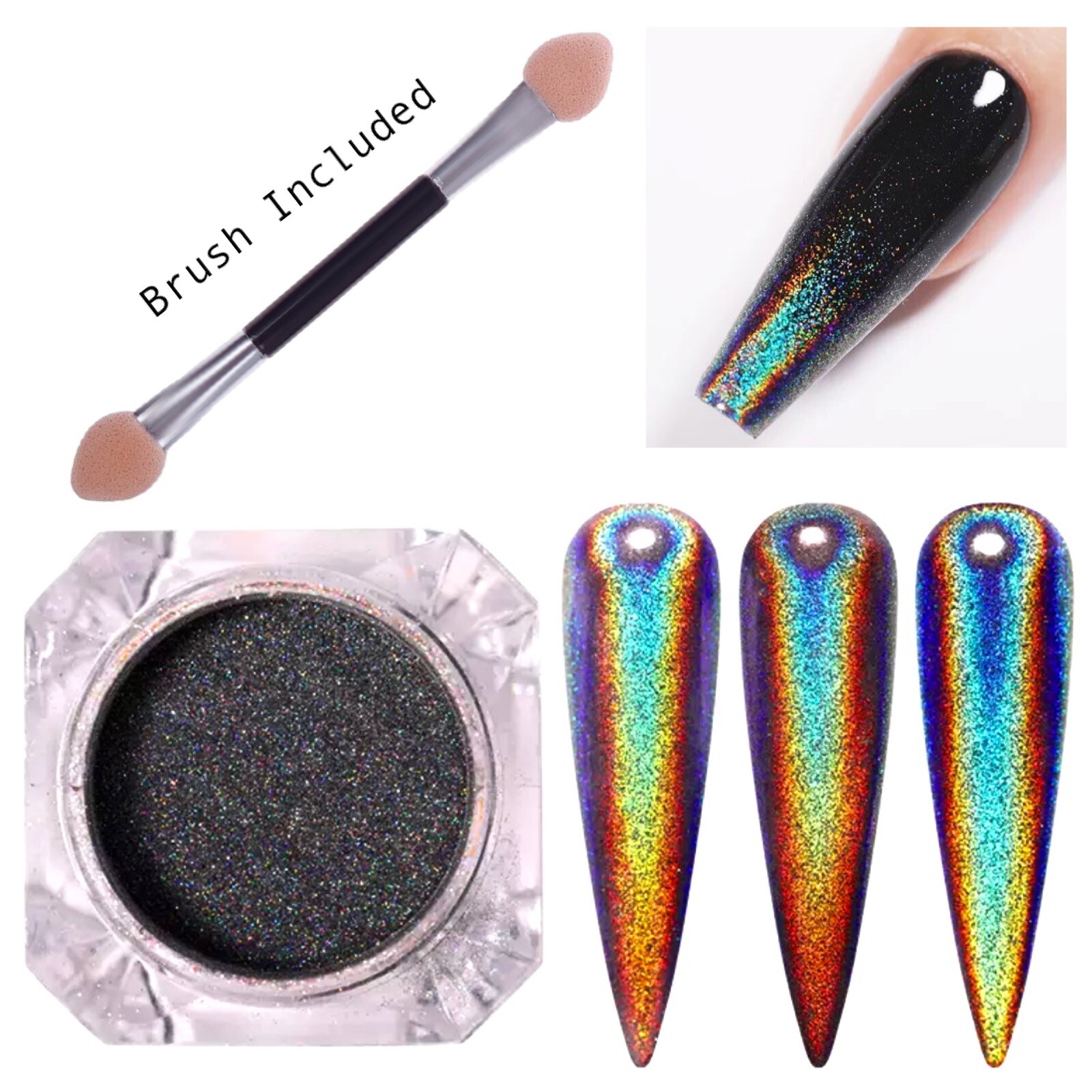 Black Holographic Shiny Nail Powder Unicorn Chrome Rainbow Effect Shimmer Nails