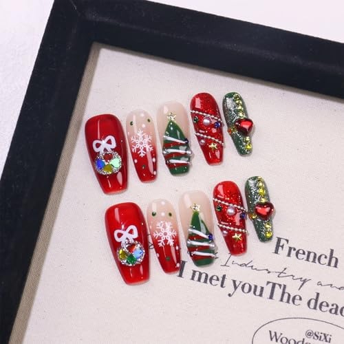 10 Pcs Christmas Handmade Acrylic Press on Nails Long Coffin Fake M Xmas01