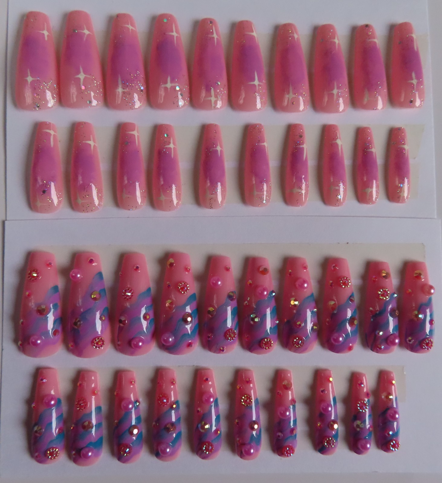 (2) Sets Pink Aura Stars | Pink Blue Pearl Rhinestone Wave Coffin Press-On Nails