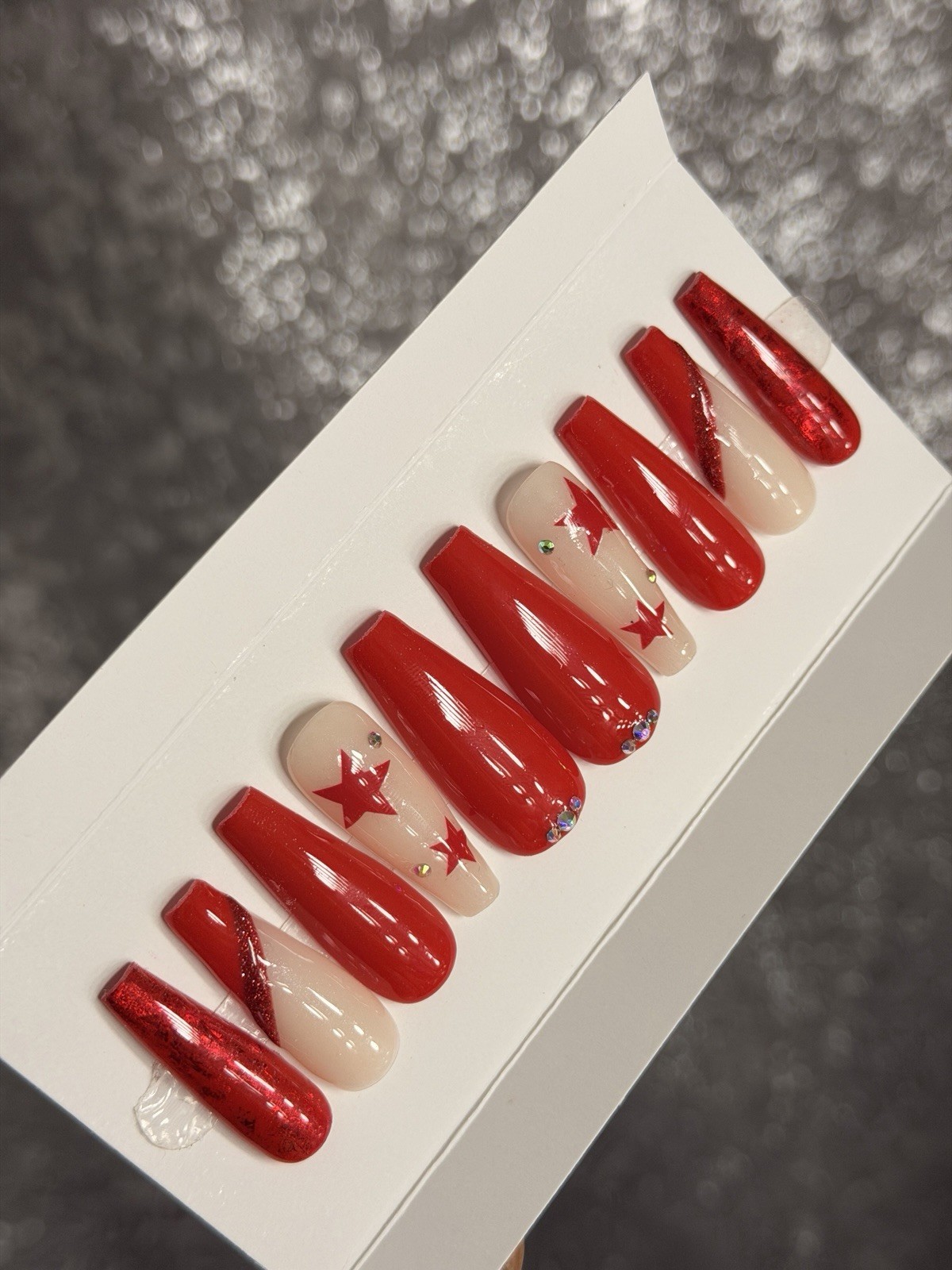 ✨ CUSTOM Press On Nails RED STAR BLING 10p SET W Kit