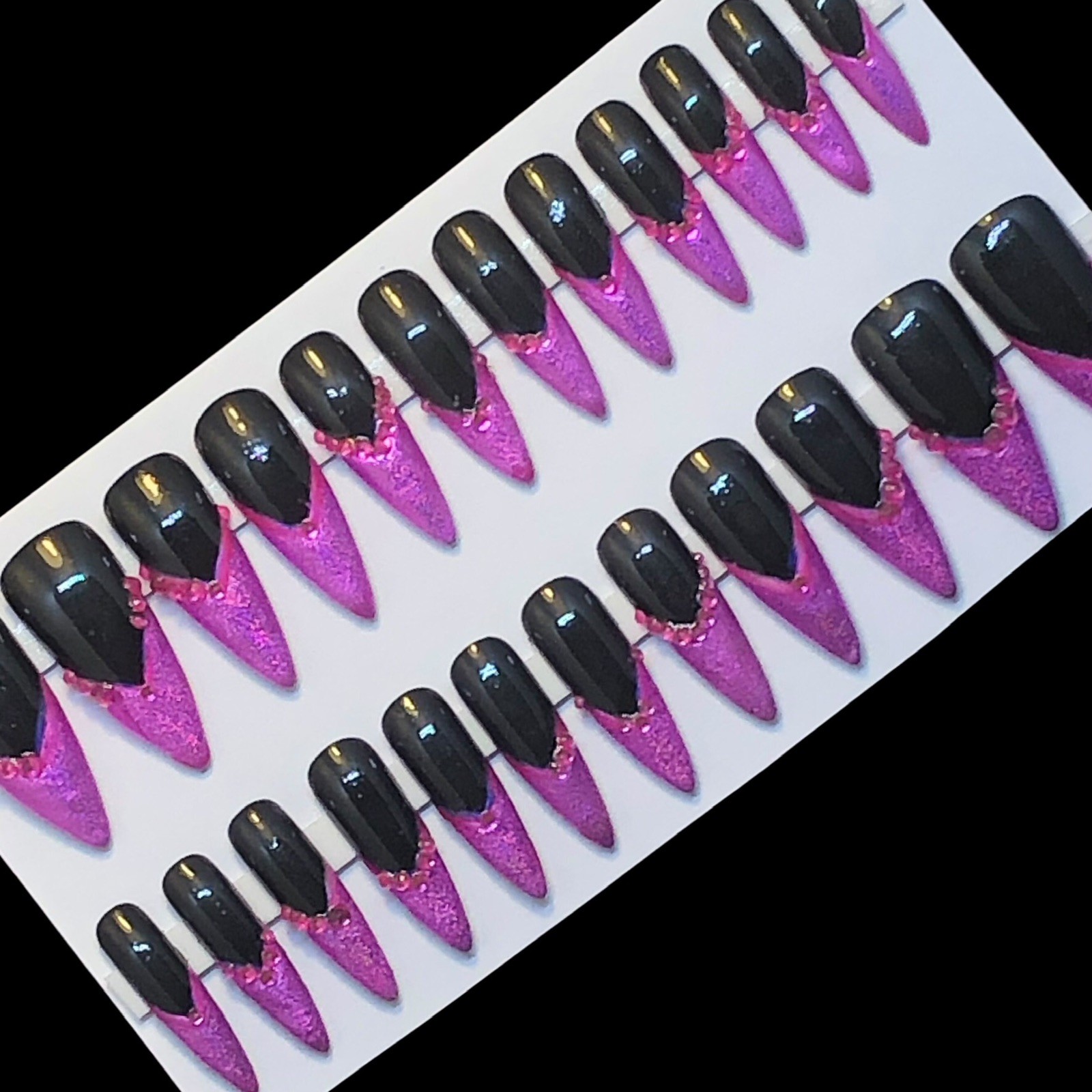 Custom Handmade Press On Nails Long Stiletto Black & Pink Hologram French Tips