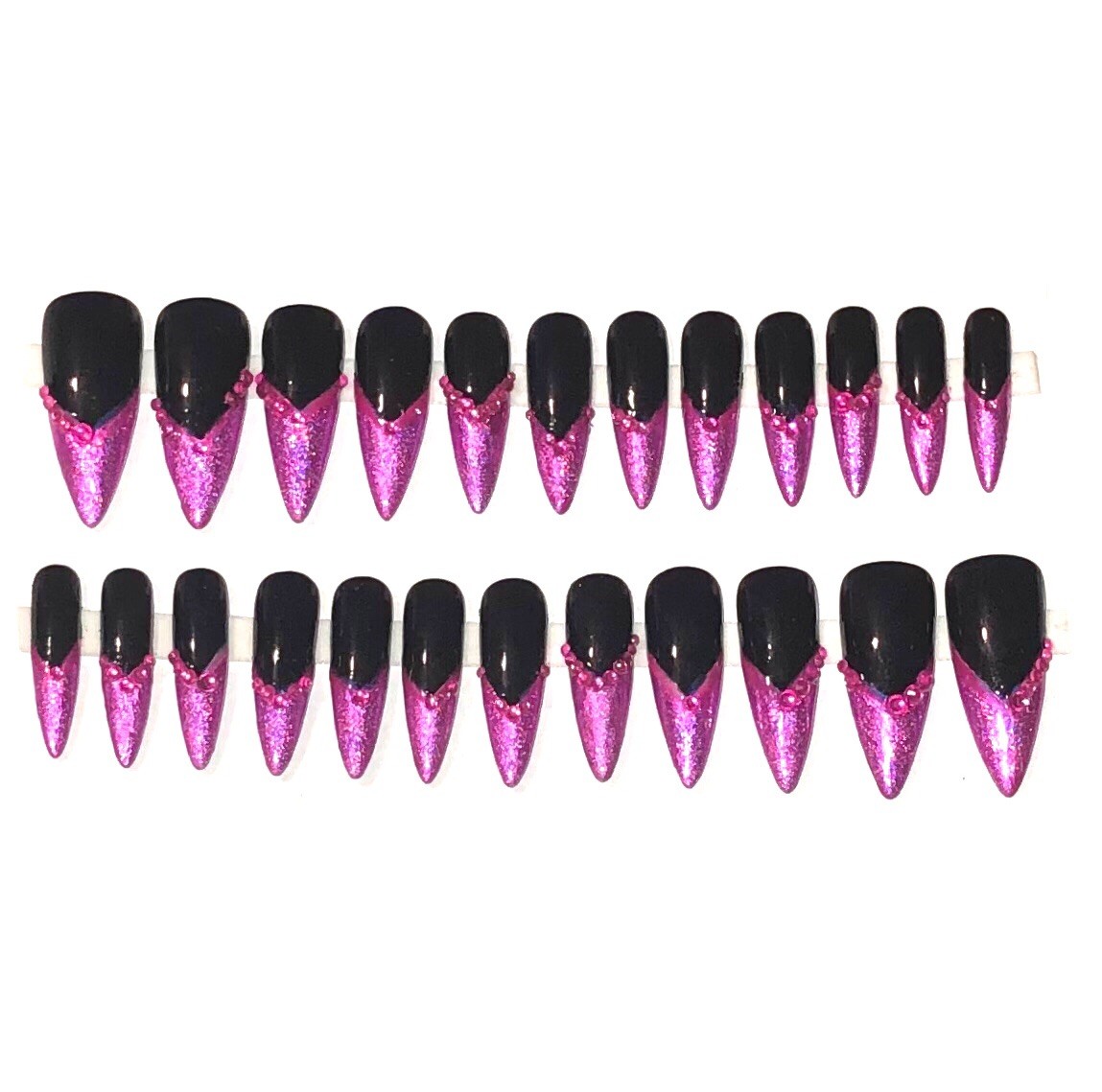 Custom Handmade Press On Nails Long Stiletto Black & Pink Hologram French Tips