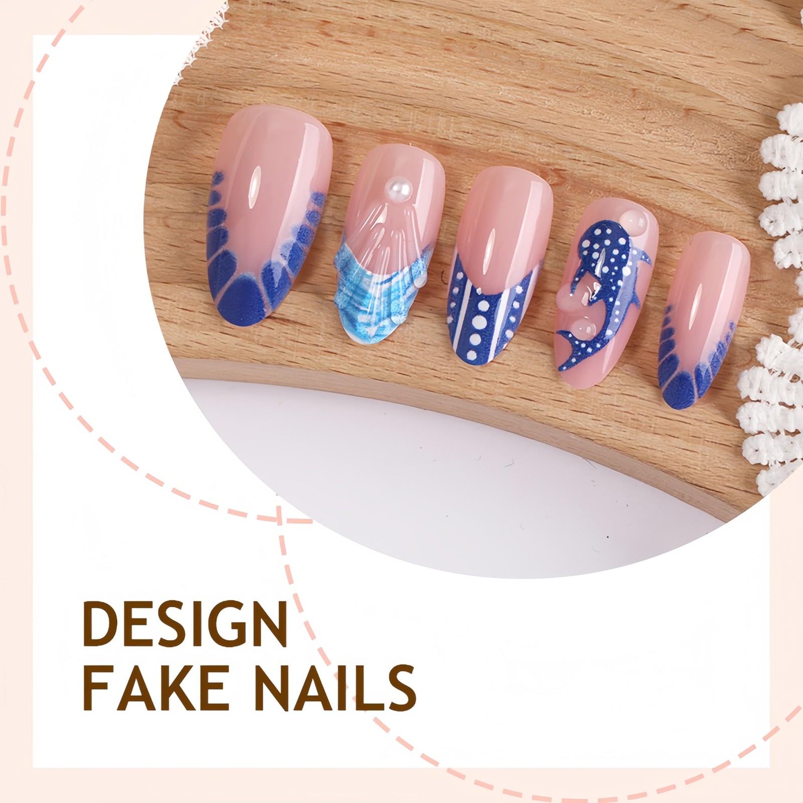 24Pcs Summer Press on Nails Medium Almond Blue French Tip Fake Nails with Oce…