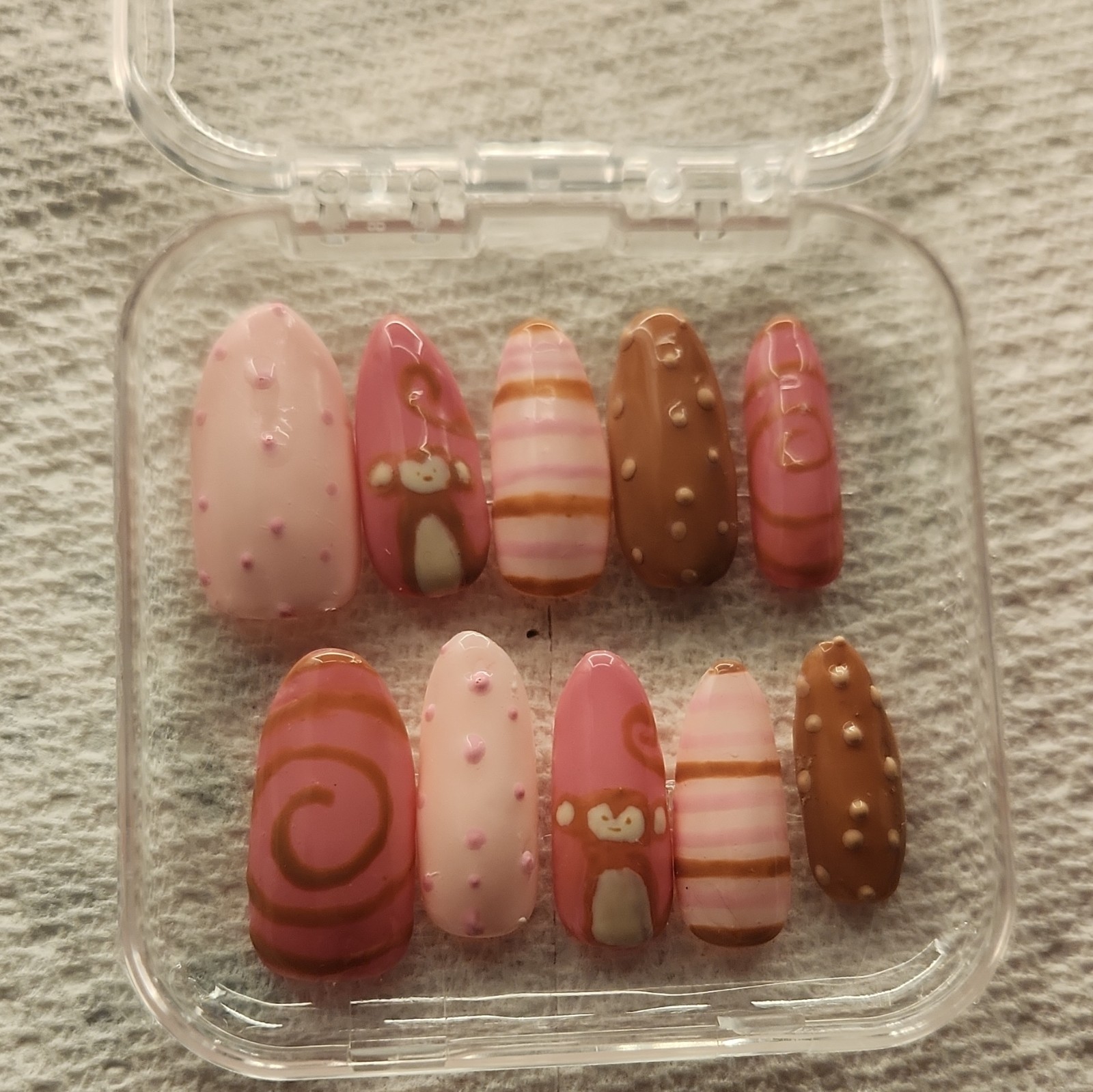 Animal Theme Full Cover Press-On Nails, Pink/Brown/White, Medium Coffin