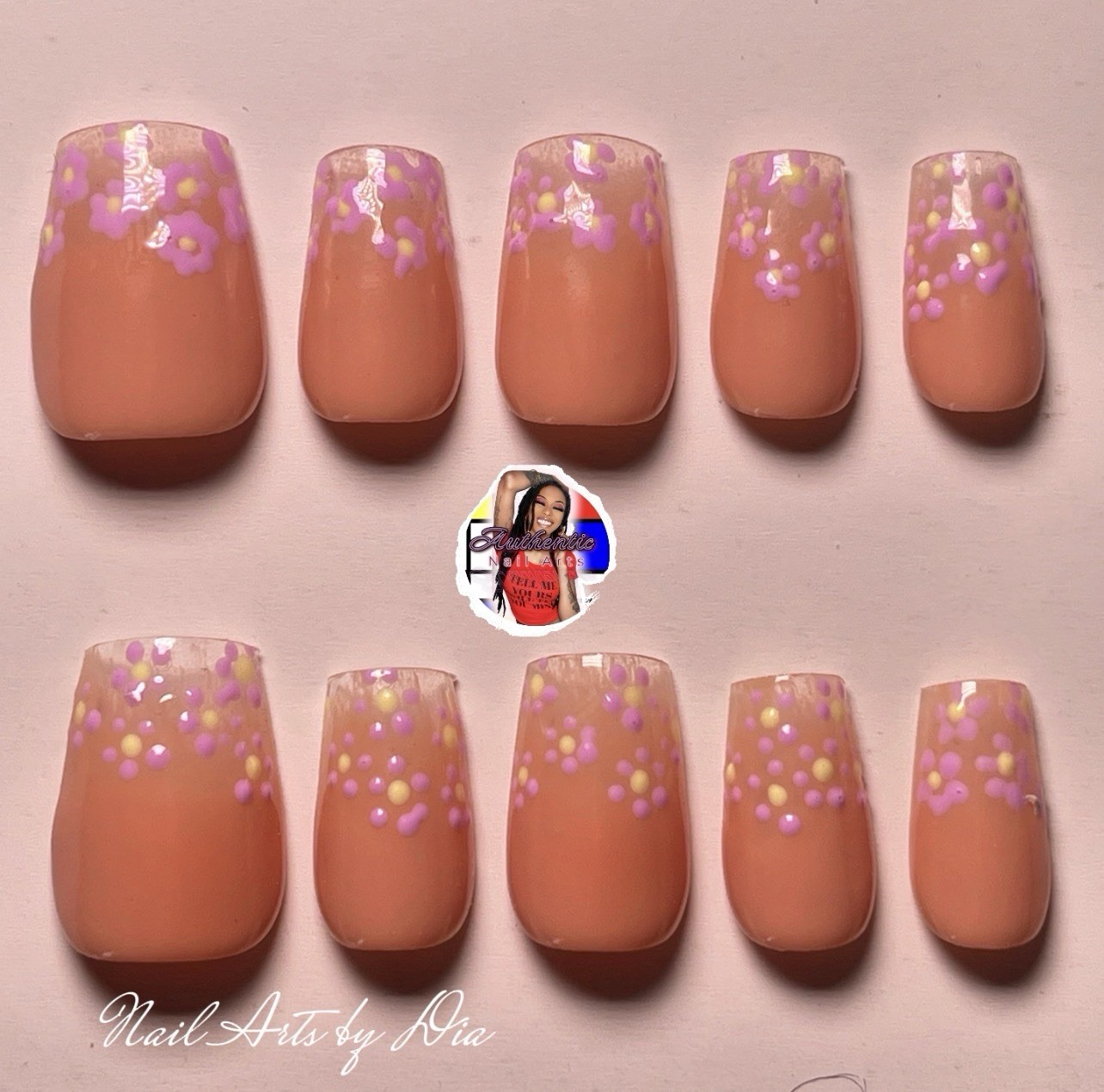 Nail Arts by Dia Medium Square Press-On Nails 3D Floral Peach Purple