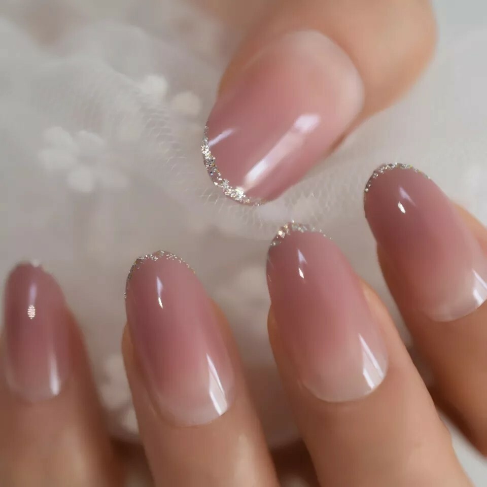 24 Ombre Tan Blush glitter rim Press On Nails oval medium almond nude free stick