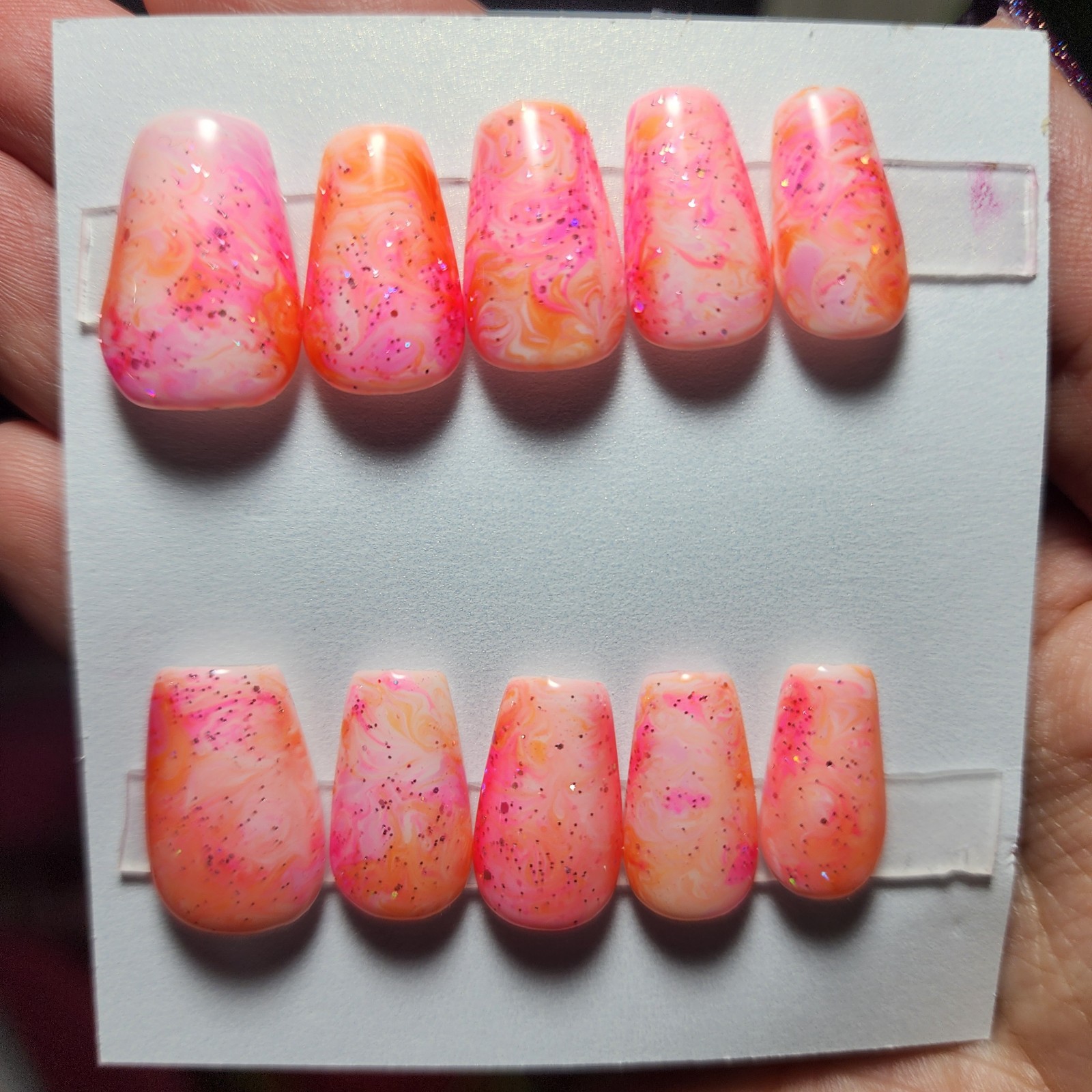 Summer Pink And Orange Glitter Swirl Medium Size Short Coffin Press On Nails