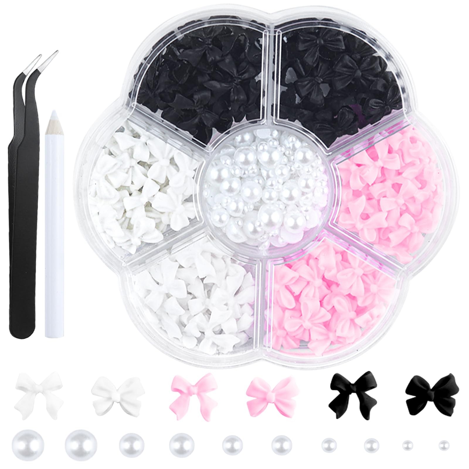300Pcs 3D Bow Nail Charms Flatback Pearls Black White Pink Manicure DIY