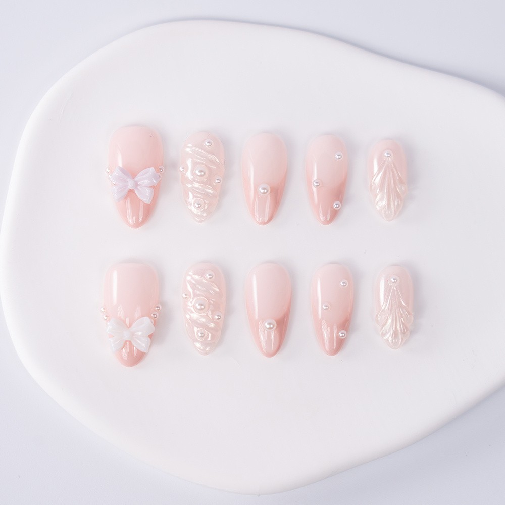Handmade High Quality Almond Press On Nails Light Pink Pearl Bow Fake Nails S-L