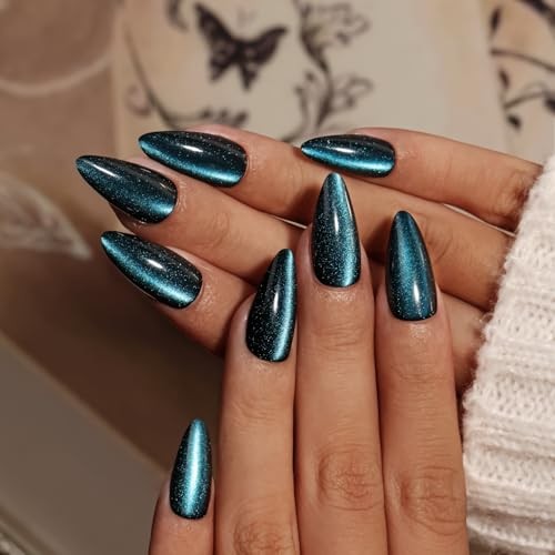 Cat Eye Press On Nails Almond, 30 Pcs Glitter Black Blue Press On black blue