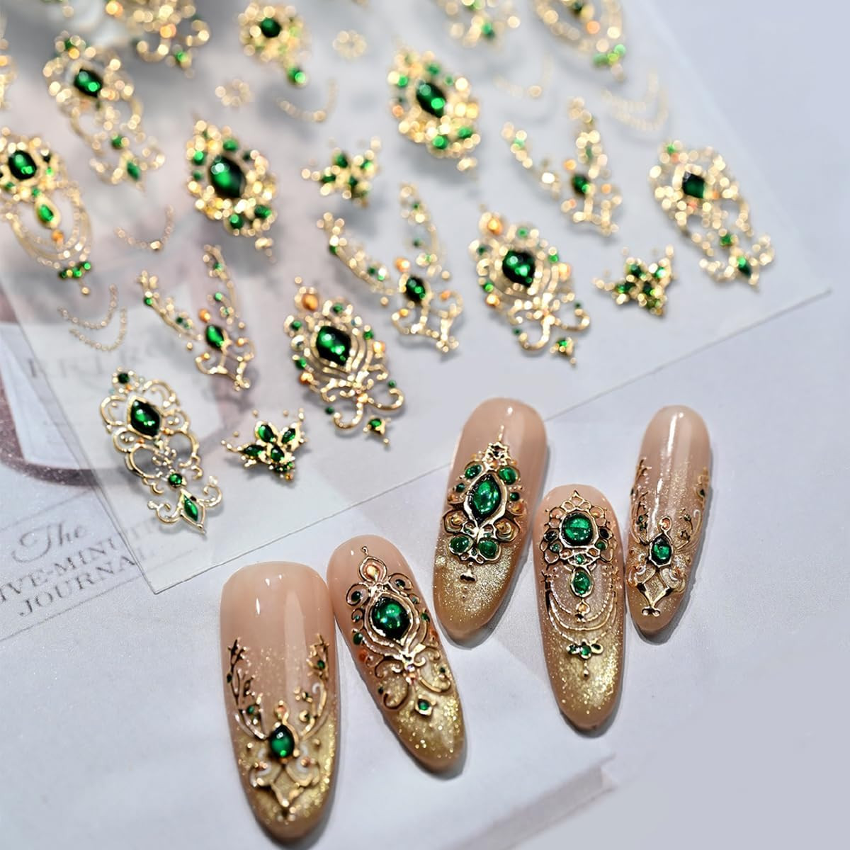 Gold Nail Art Stickers 5D Embossed Green Gem Nail Stickers Luxury Self Style-31