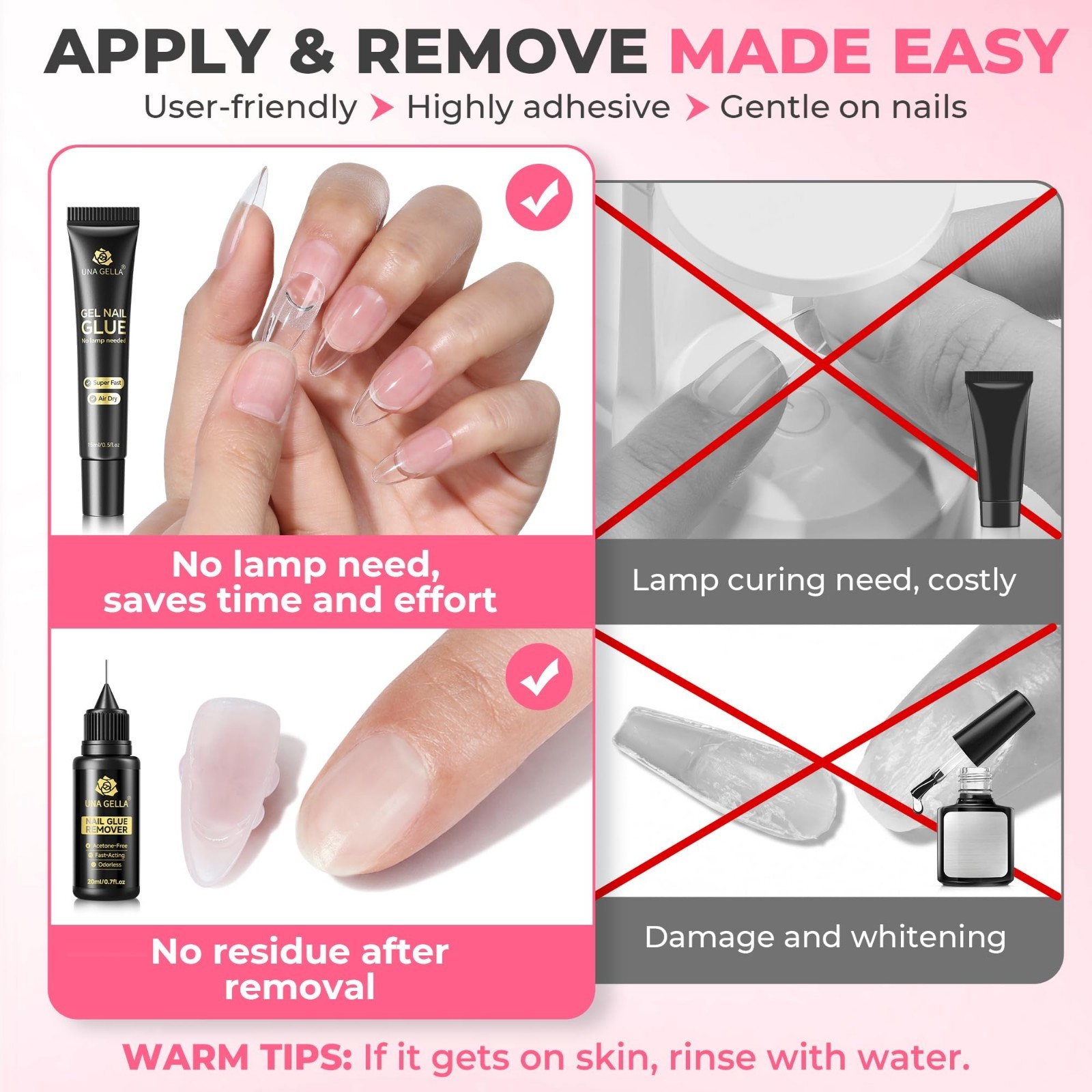 15g Nail Glue for Press On Nails + 20ml Non-Acetone Remover Kit, Quick Dry Gel