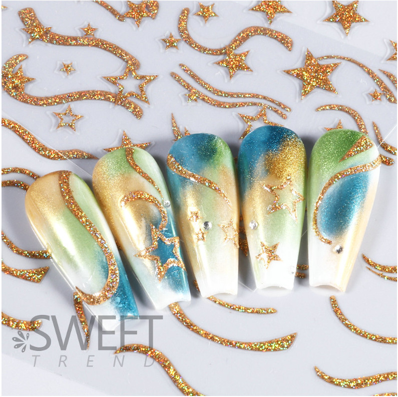 Gold Glitter Nail Stickers Heart Star Butterfly French Line Transfer Decals NS52
