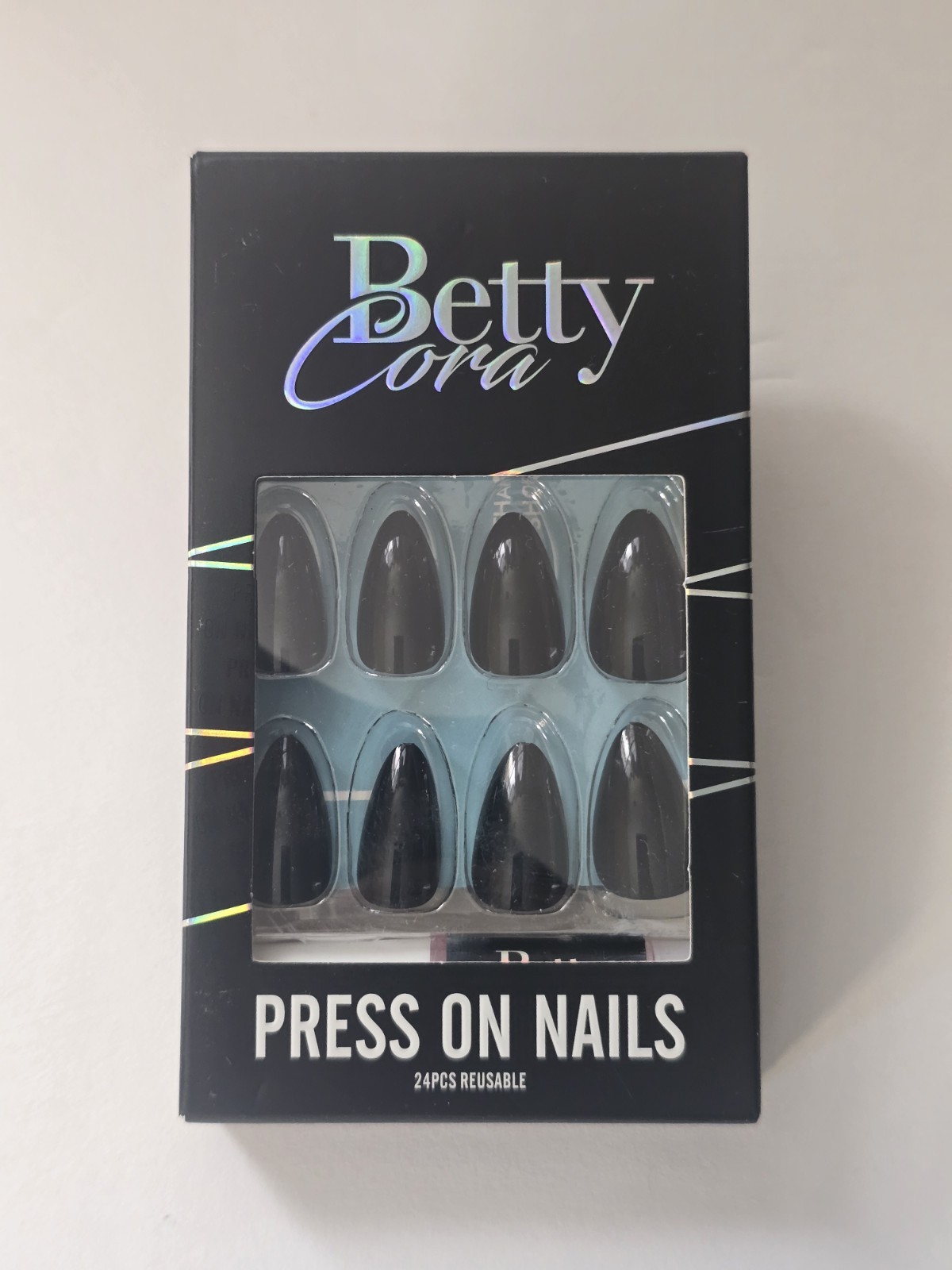 Betty Cora, Black Press On Nails, Glue Included, 24 Pcs Reusable