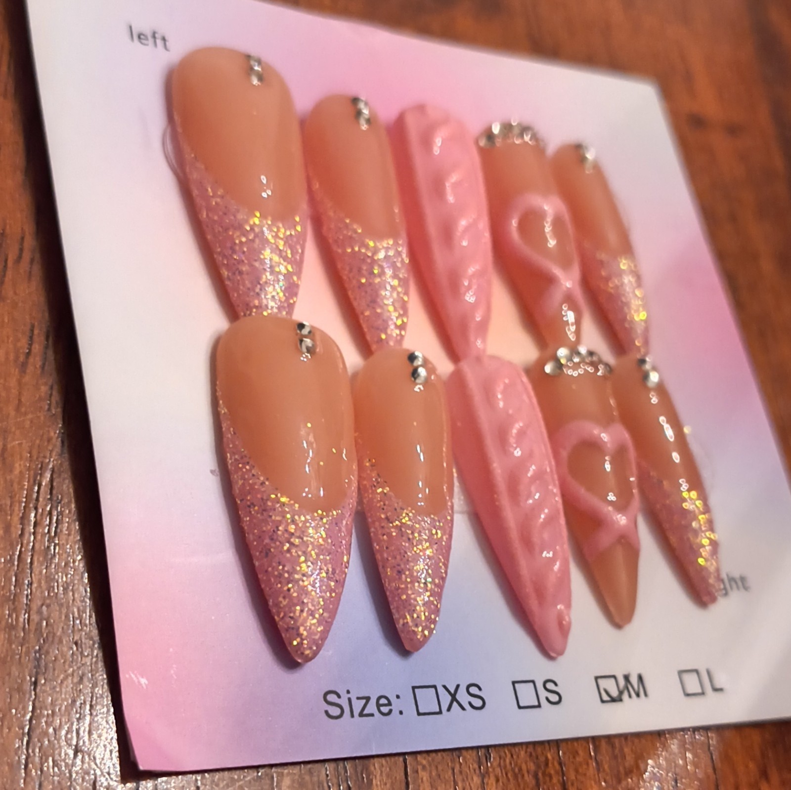 Press-On Nails Medium Almond Pink Nude Glitter 3D Heart Pre-Designed