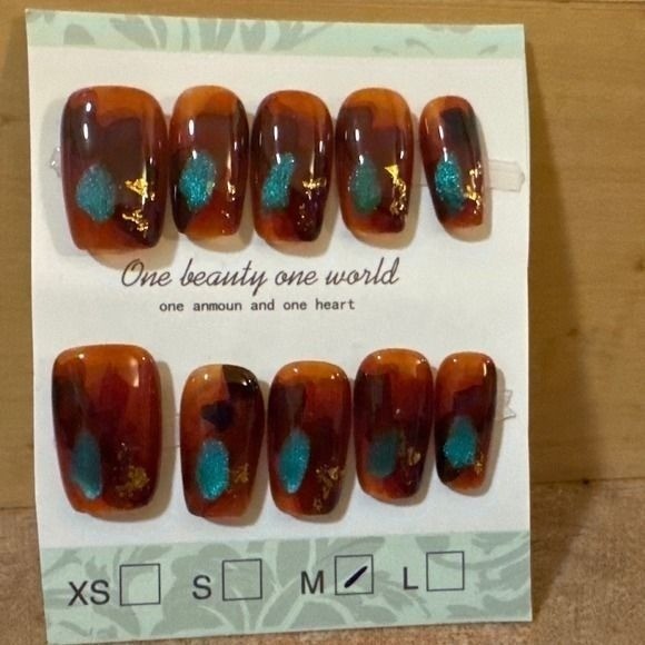Press On Nails Amber Teal Gold Foil Abstract Size M 10pc