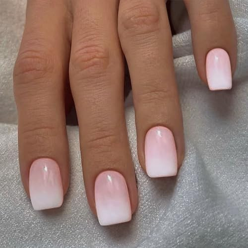 Press on Nails Short Square Acrylic Fake Nails with Apricot Beige White Pink